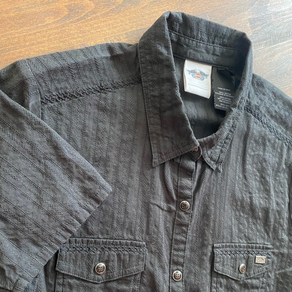 Harley Davidson Snap Front Distressed Back Graphic Shop Shirt HD Womens Large